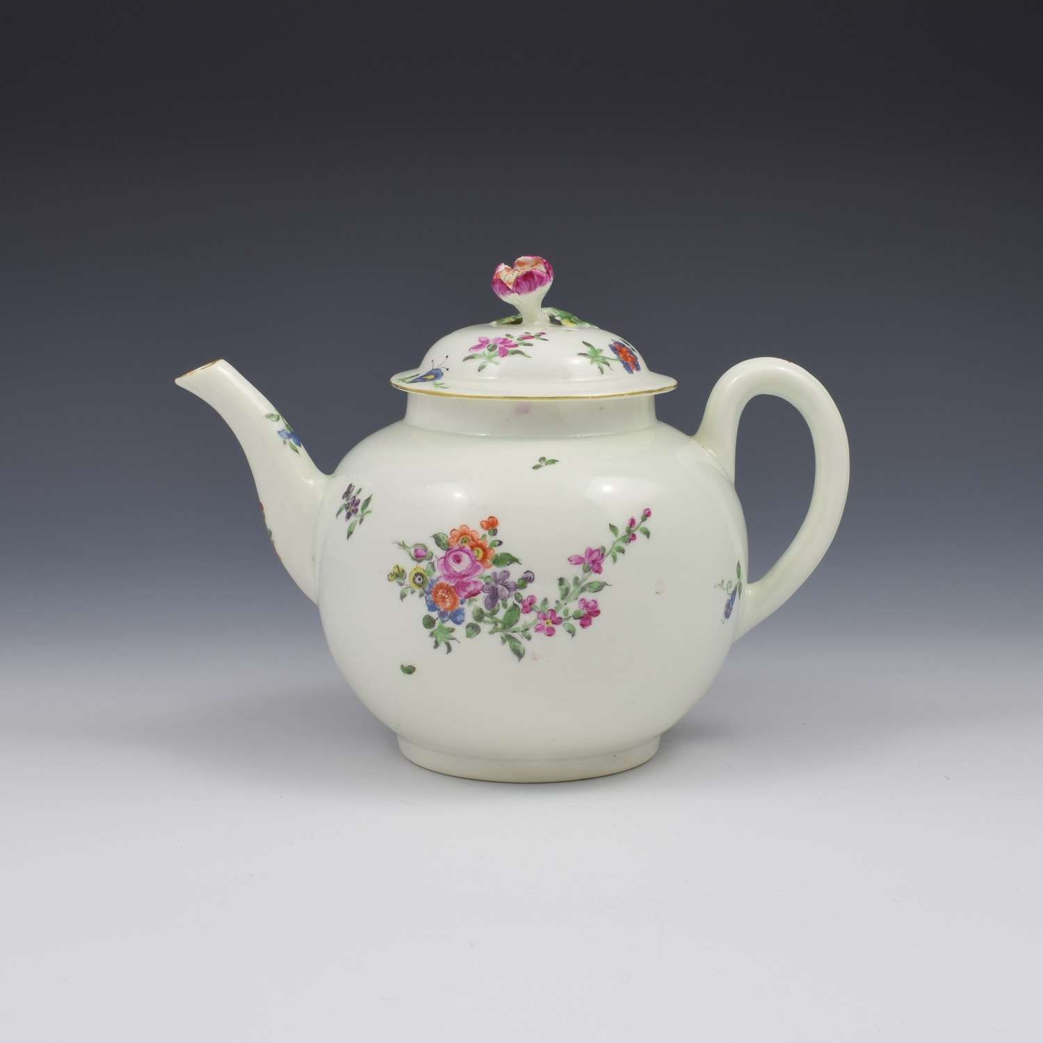 First Period Worcester Porcelain Floral Painted Globular Teapot c.1765