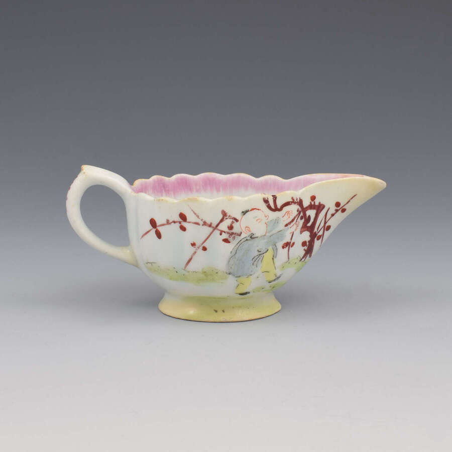 Rare Bow Porcelain Fluted Sauce Boat Mandarin Chinese Figures Pattern c.1765