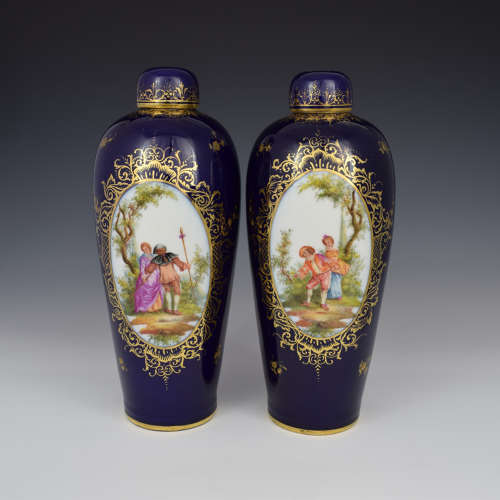 Pair Of Large Dresden Porcelain Vases & Covers c.1880