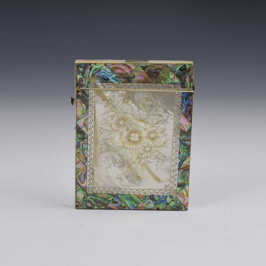 Fine Victorian Carved Mother Of Pearl & Abalone Card Case