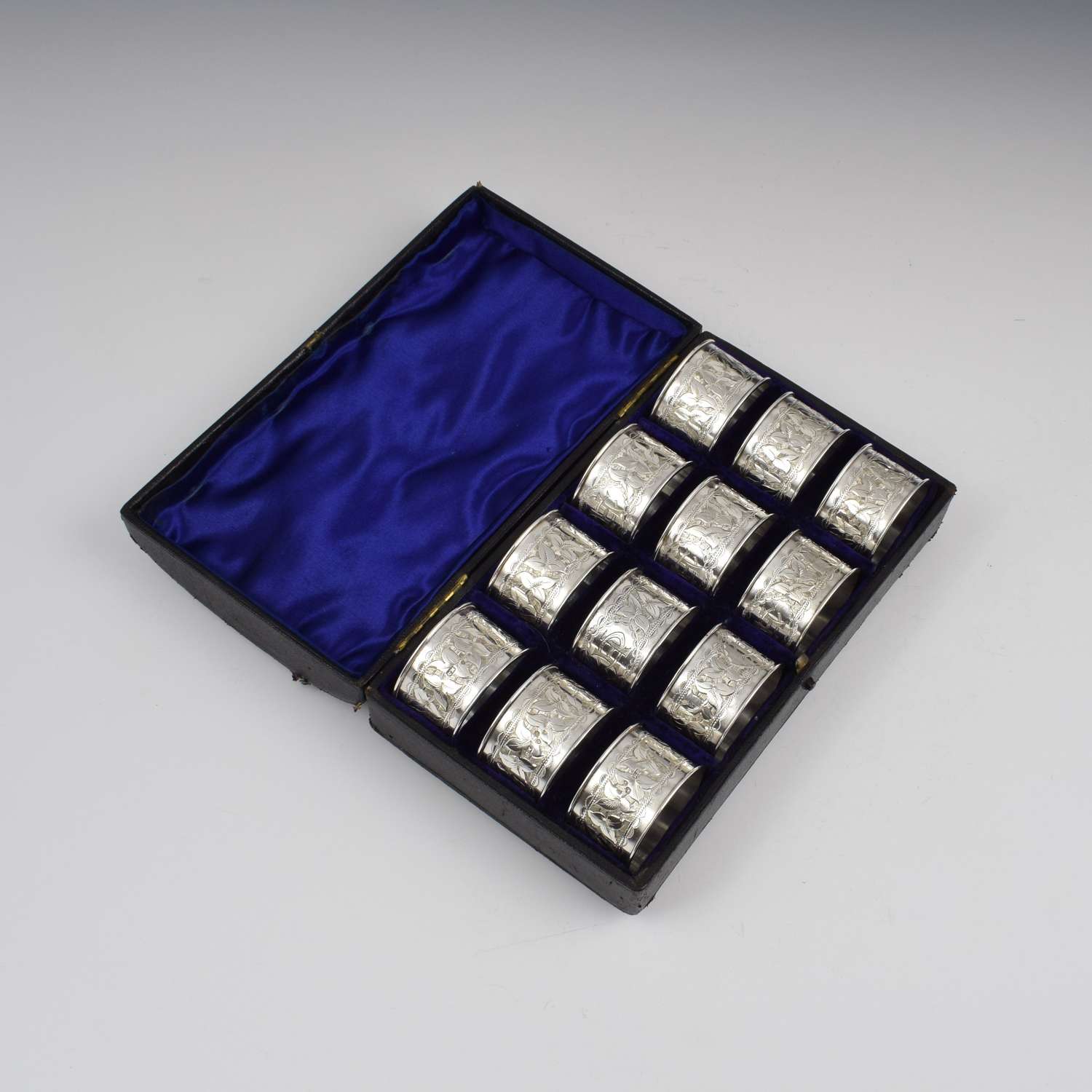 Cased Set Of Twelve 12 Victorian Silver Napkin Rings