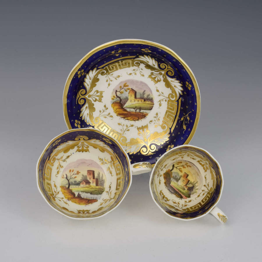 New Hall Porcelain Landscape Cup & Saucer Trio Pattern 3750 c.1830