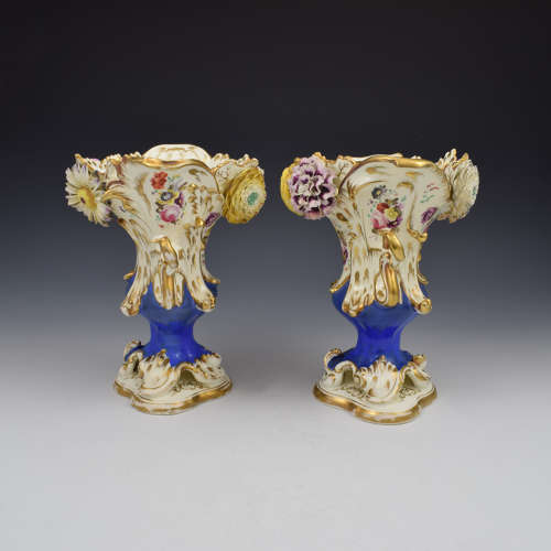 Stunning Pair Of Coalport Porcelain Coalbrookdale Rococo Flower Encrusted Vases c.1835