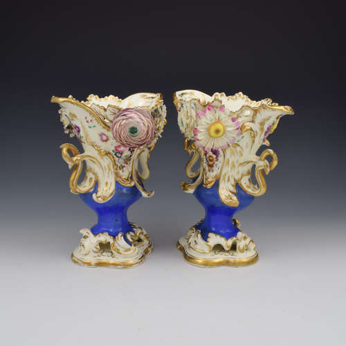 Stunning Pair Of Coalport Porcelain Coalbrookdale Rococo Flower Encrusted Vases c.1835