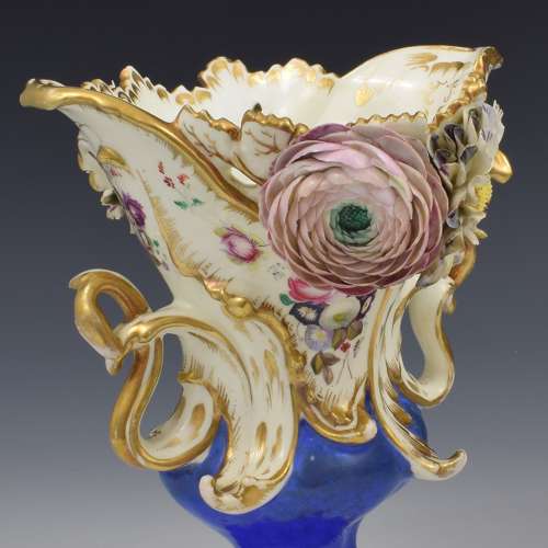 Stunning Pair Of Coalport Porcelain Coalbrookdale Rococo Flower Encrusted Vases c.1835