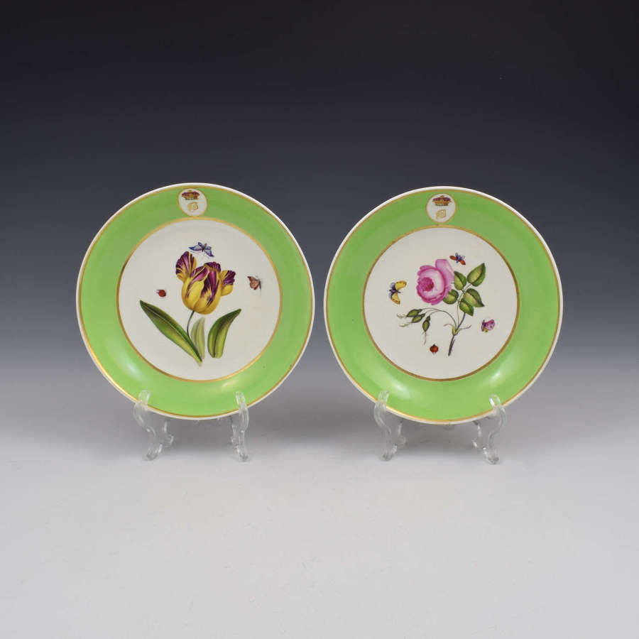 Pair Of Bloor Derby Porcelain Armorial Botanical Saucer Dishes
