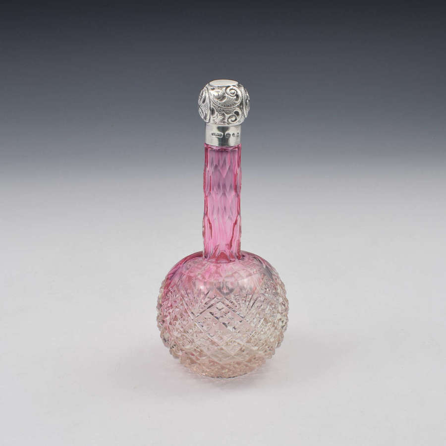 Victorian Silver & Cranberry Cut Glass Scent / Perfume Bottle