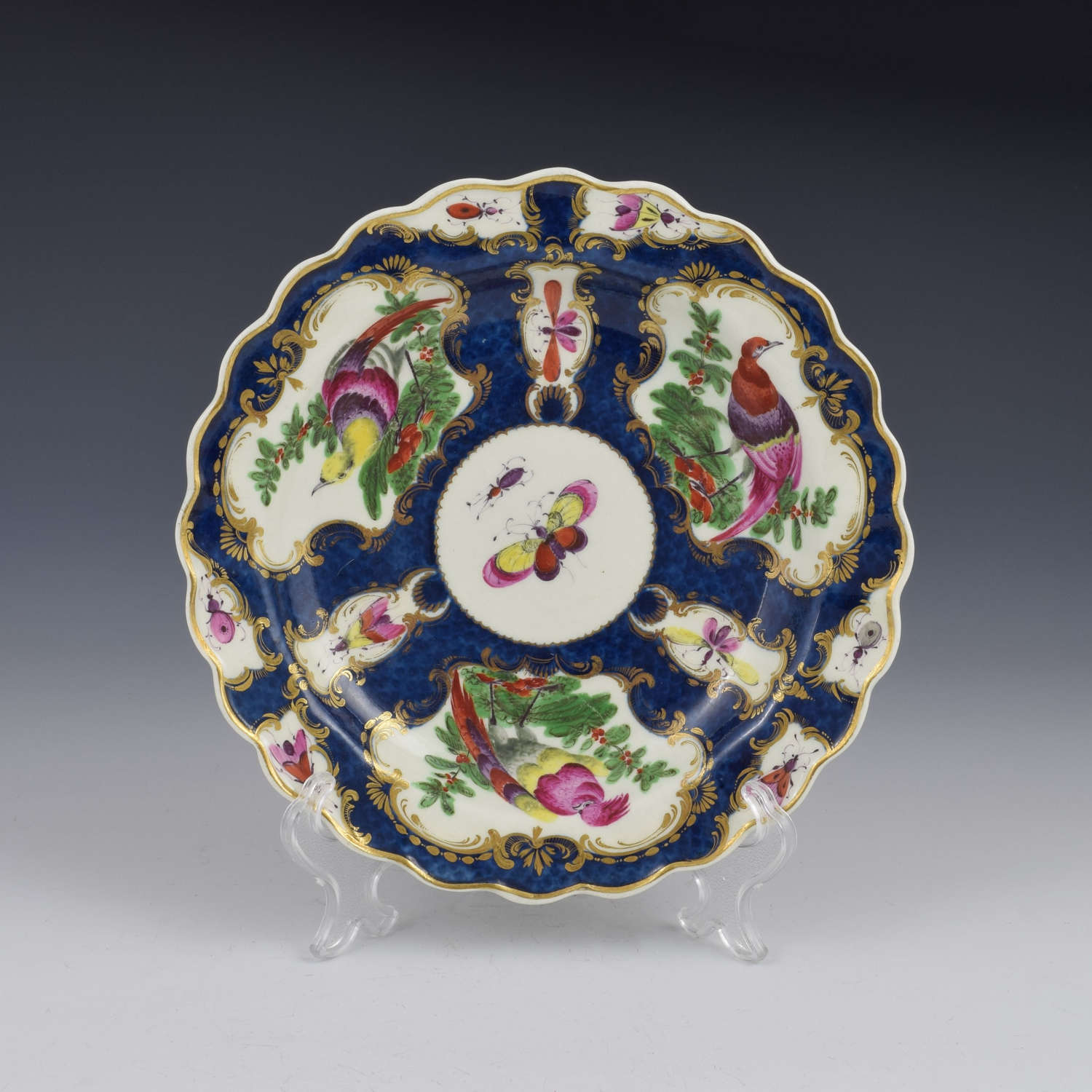 First Period Worcester Porcelain Blue Scale Fancy Birds Dessert Plate