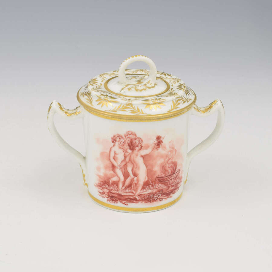 Stunning Regency Bloor Derby Porcelain Chocolate Cup & Cover Sepia Putti c.1825