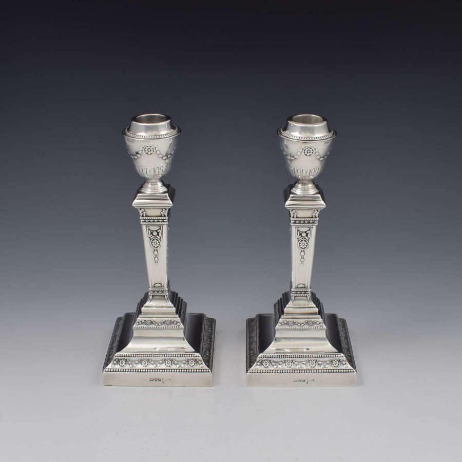 Fine Pair Of Edwardian Neoclassical Silver Candlesticks Walker & Hall