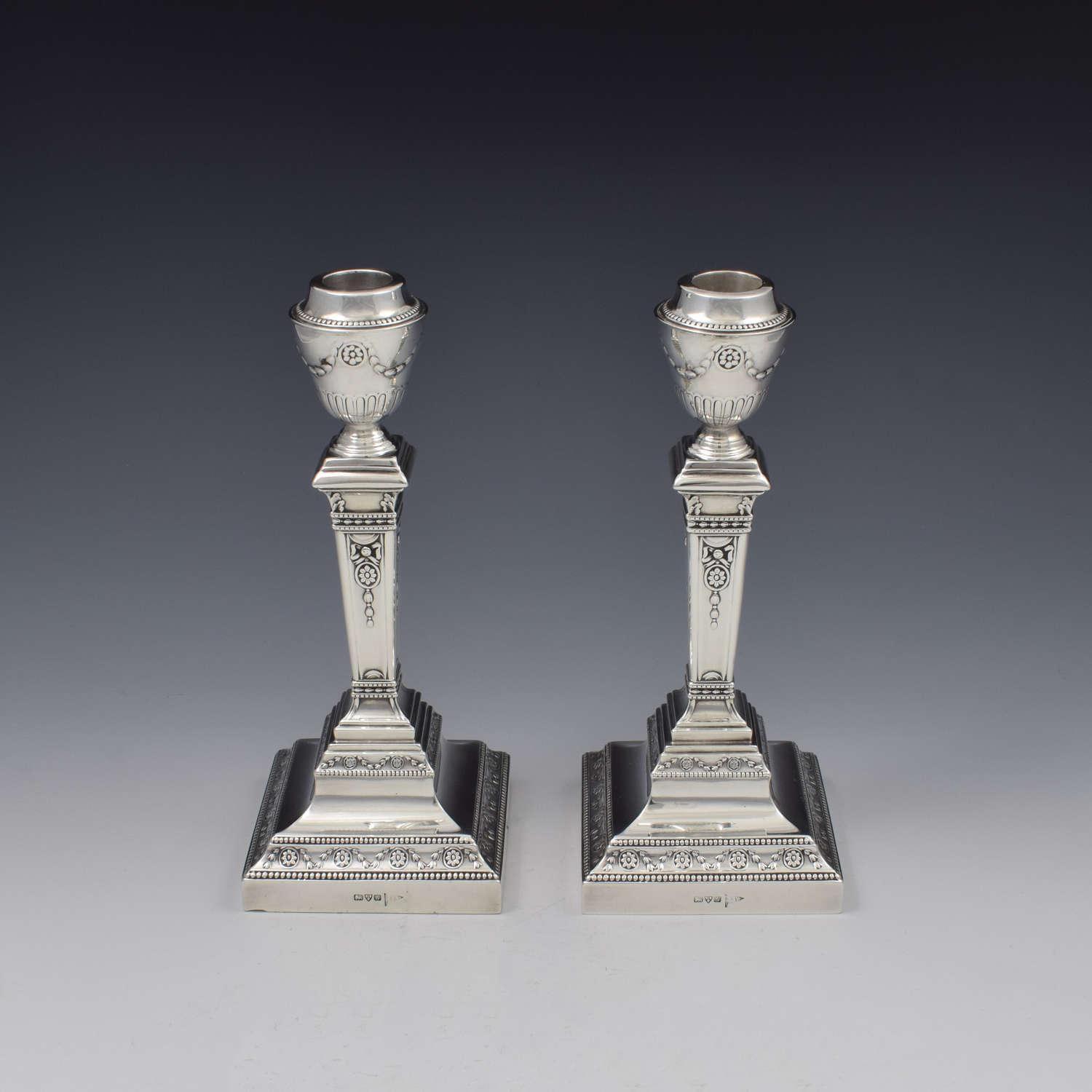 Fine Pair Of Edwardian Neoclassical Silver Candlesticks Walker & Hall