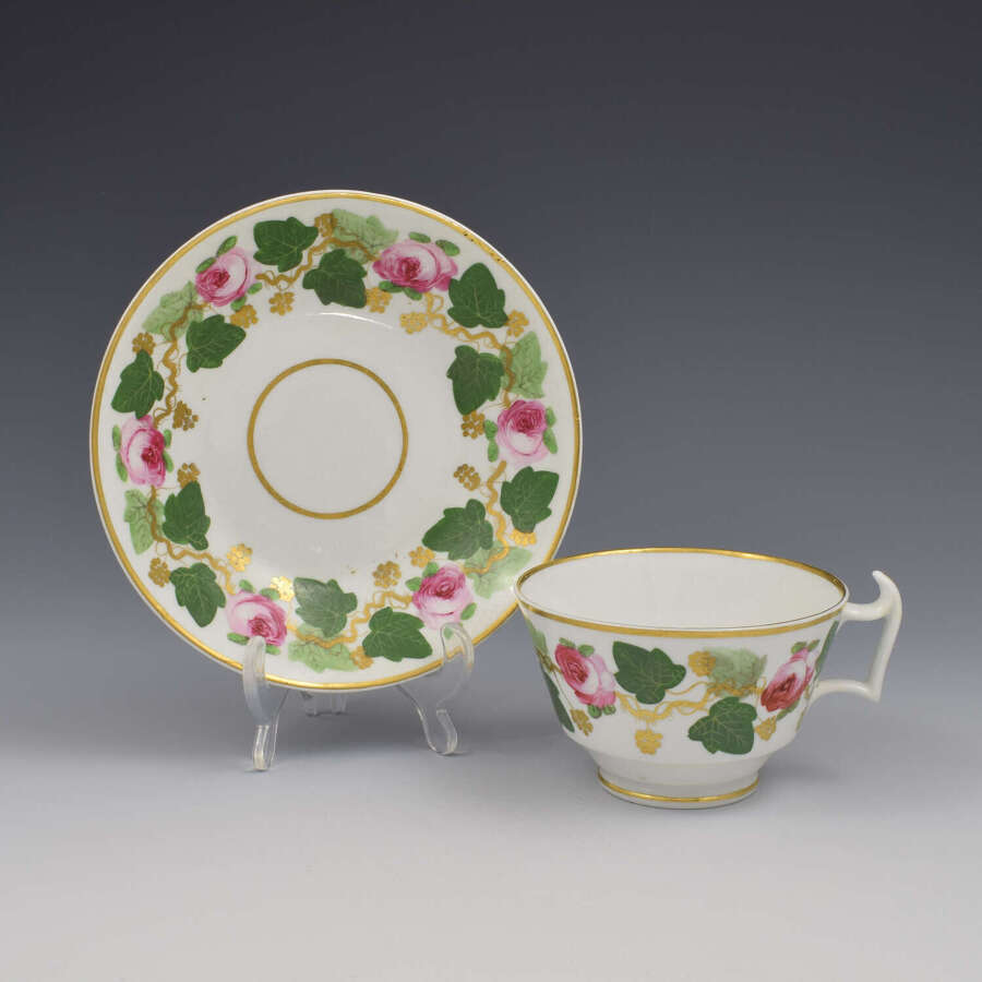 Bloor Derby Porcelain Pink Roses Tea Cup & Saucer c.1820