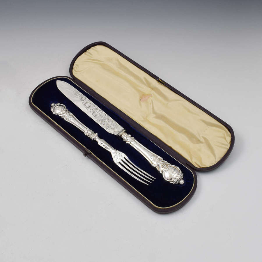 Cased Victorian Silver Handled Cake Knife & Serving Fork Set 1852