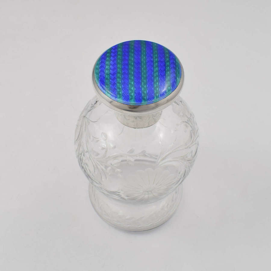 Fine George V Guilloche Enamel Silver & Cut Glass Scent Bottle