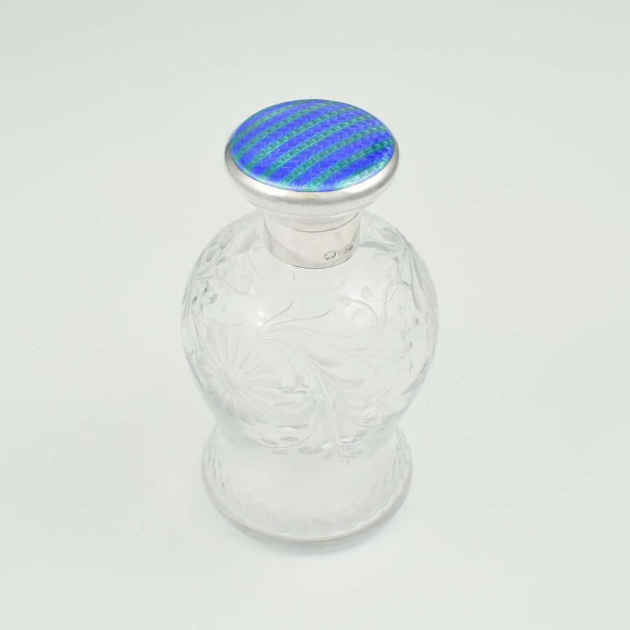 Stunning Blue & Green Striped Guilloche Enamel Silver & Cut Glass Scent Bottle