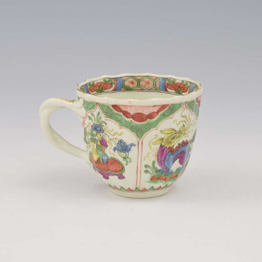 Dr Wall / First Period Worcester Porcelain Dragon In Compartments Fluted Coffee Cup c.1770