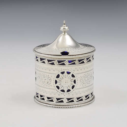 Pretty Victorian Pierced Silver Drum Mustard Pot Nathan & Hayes 1894