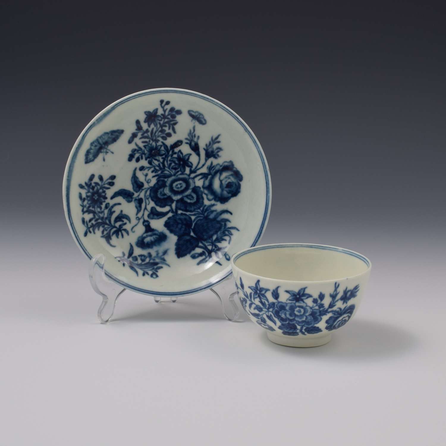 First Period Worcester Porcelain Three Flowers Tea Bowl & Saucer
