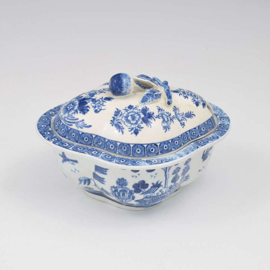 Superb Derby Porcelain Blue & White Quatrefoil Sauce Tureen & Cover c.1768