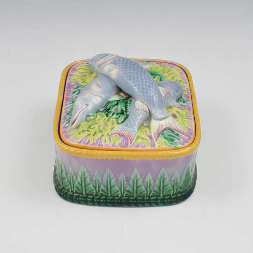 Stunning Victorian George Jones Pink / Lilac Majolica Sardine Box Model 1805 c.1875