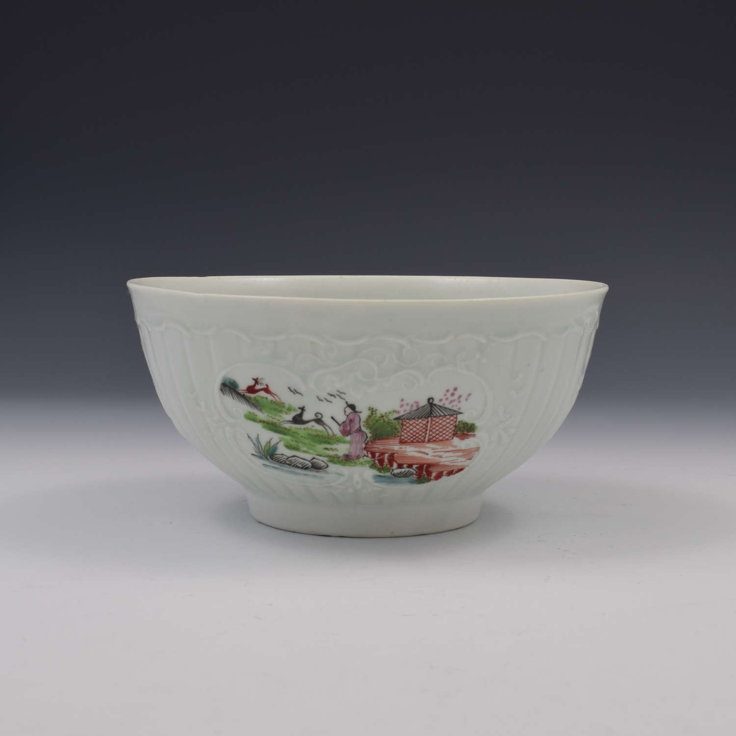 Early Period Worcester Porcelain Stag Hunt Moulded Slop Bowl c.1755