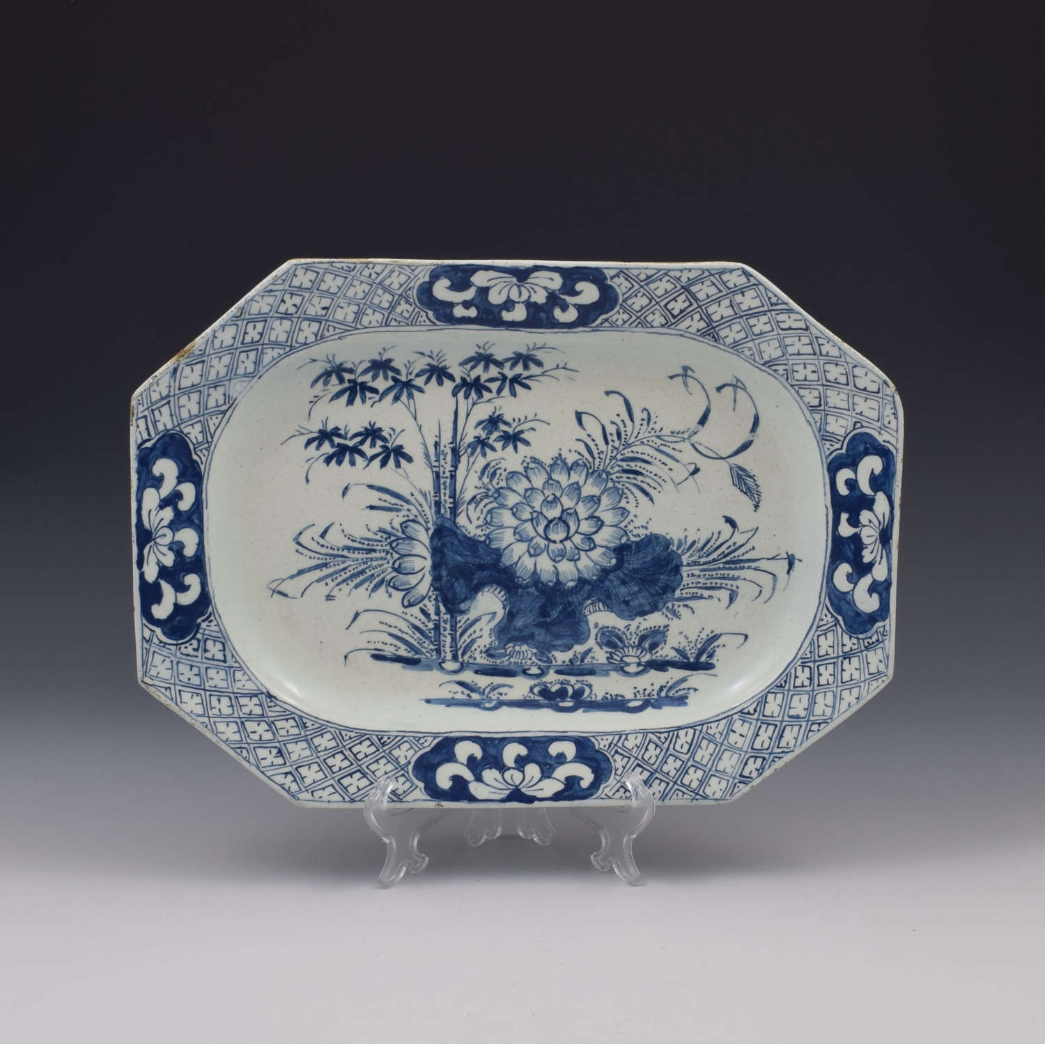 Large Bow Porcelain Lotus & Bamboo Octagonal Serving Dish  c.1760