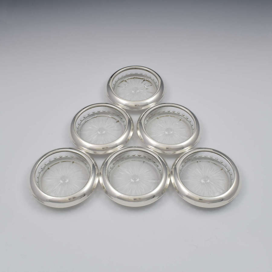 Set Of Six Sterling Silver & Glass Wine Glass Coasters