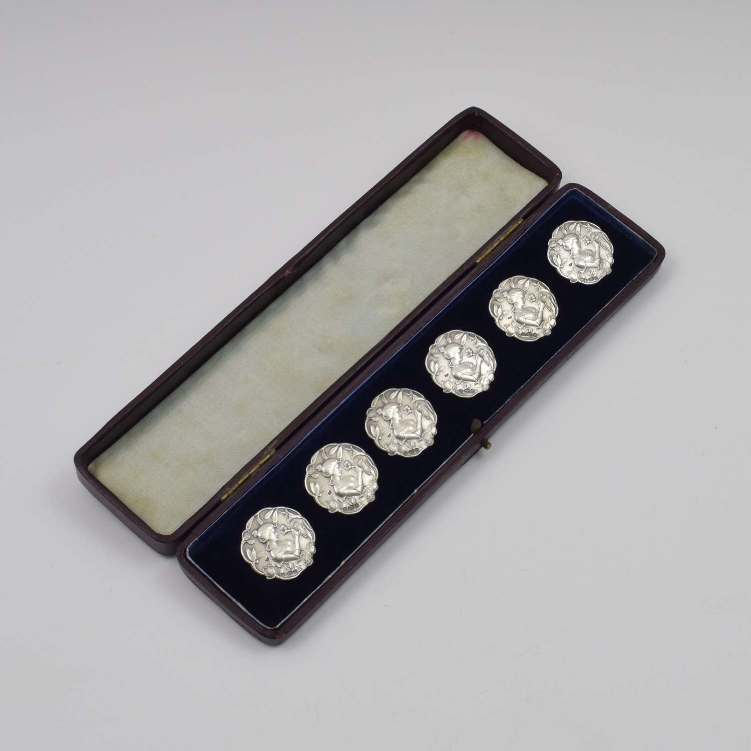 Cased Set Of Six Edwardian Art Nouveau Silver Maiden Buttons
