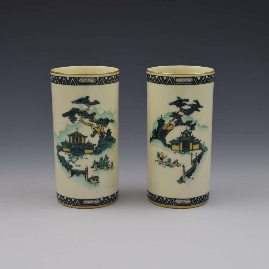 Pair Of Royal Worcester Oriental Pagoda & Fence Pattern Vases 1912