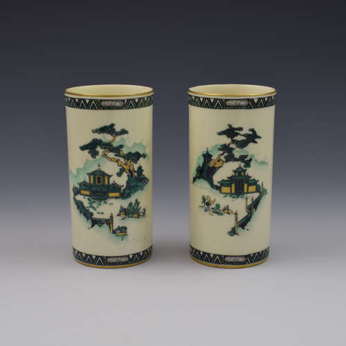 Pair Of Royal Worcester Oriental Pagoda & Fence Pattern Vases 1912