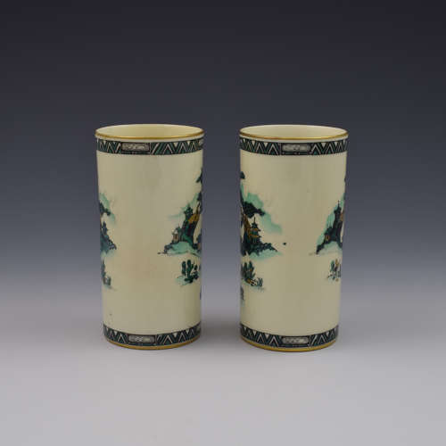 Pair Of Royal Worcester Oriental Pagoda & Fence Pattern Vases 1912