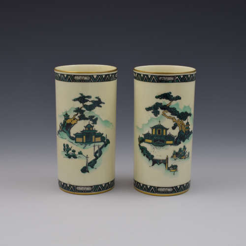 Pair Of Royal Worcester Oriental Pagoda & Fence Pattern Vases 1912