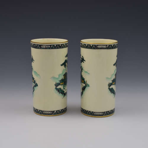 Pair Of Royal Worcester Oriental Pagoda & Fence Pattern Vases 1912