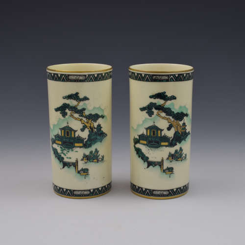 Pair Of Royal Worcester Oriental Pagoda & Fence Pattern Vases 1912