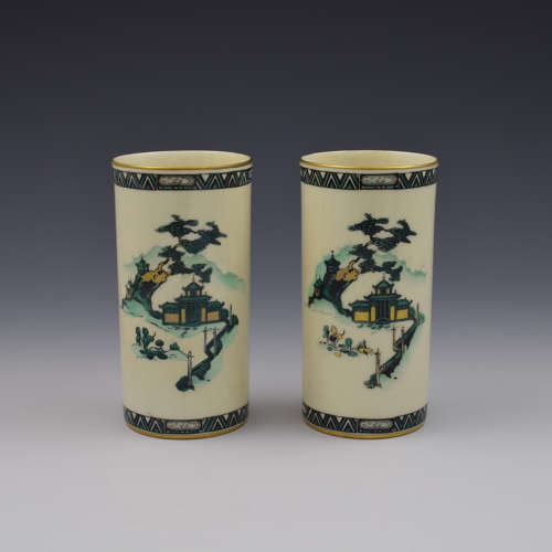 Pair Of Royal Worcester Oriental Pagoda & Fence Pattern Vases 1912