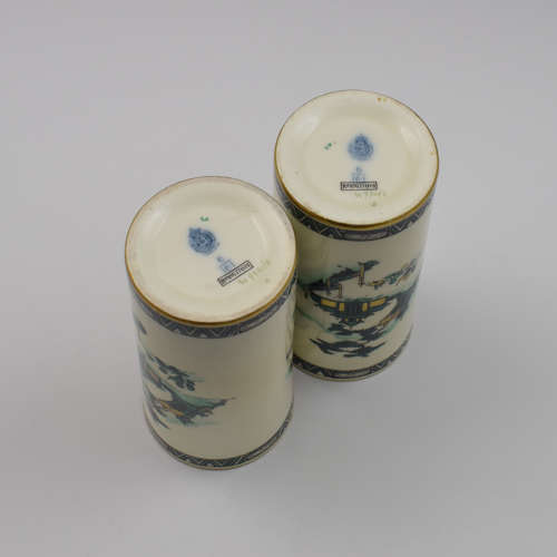 Pair Of Royal Worcester Oriental Pagoda & Fence Pattern Vases 1912