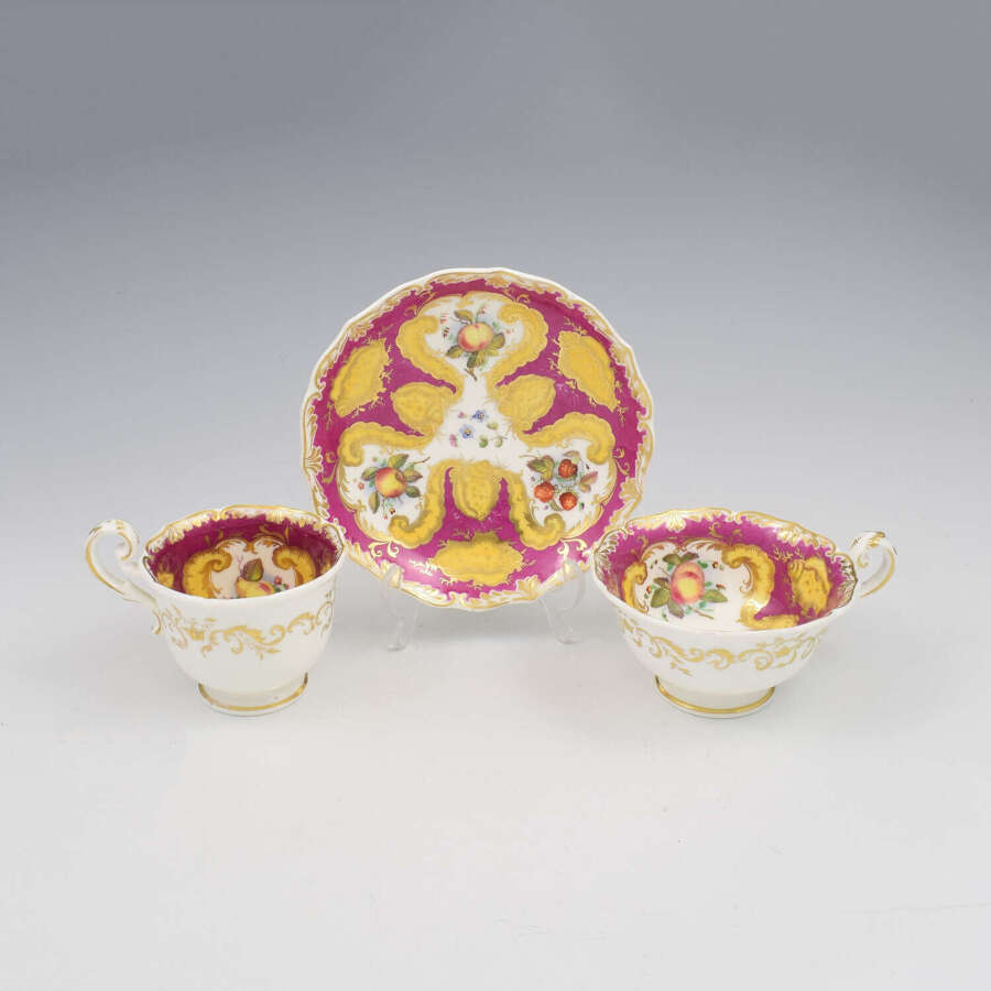 Stunning Coalport Porcelain Teacup & Coffee Cup & Saucer Trio Fruit Patt. 2/597 c.1830
