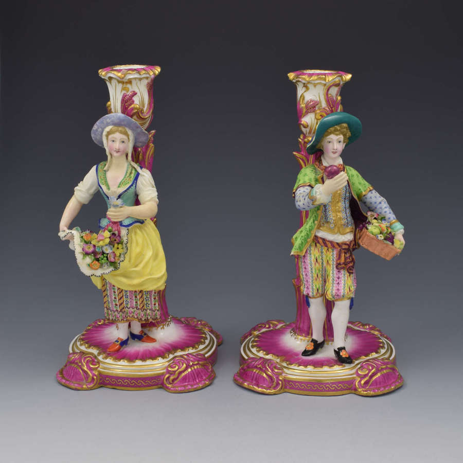 Pair Of Minton Porcelain Candlestick Figures Flower & Fruit Sellers