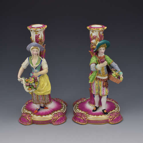 Pair Of Minton Porcelain Candlestick Figures Flower & Fruit Sellers
