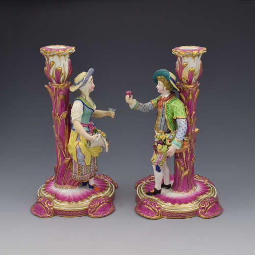 Pair Of Minton Porcelain Candlestick Figures Flower & Fruit Sellers