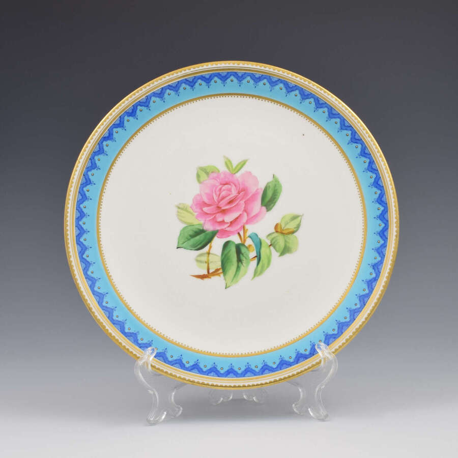 Fine Minton Botanical Porcelain Jewelled Bleu Celeste / Turquoise Dessert Plate c.1880
