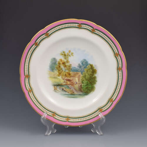 Stunning Minton Porcelain Pearl Jewelled Landscape Dessert Plate Pink Ground