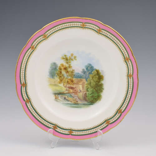 Stunning Minton Porcelain Pearl Jewelled Landscape Dessert Plate Pink Ground