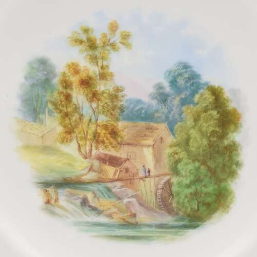 Stunning Minton Porcelain Pearl Jewelled Landscape Dessert Plate Pink Ground