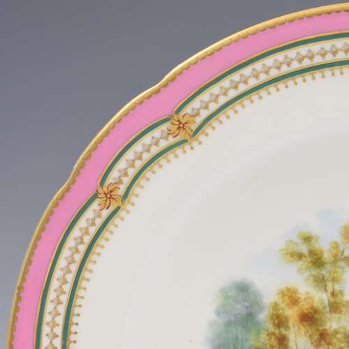 Stunning Minton Porcelain Pearl Jewelled Landscape Dessert Plate Pink Ground
