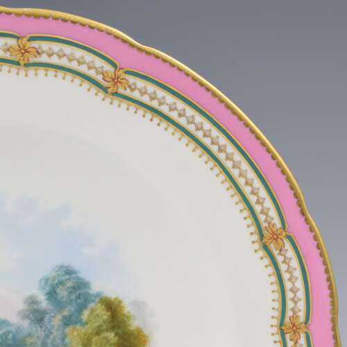 Stunning Minton Porcelain Pearl Jewelled Landscape Dessert Plate Pink Ground