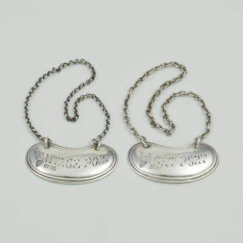 Antique Pair Edwardian Silver Vintage & Light Port Wine Decanter Labels 1902