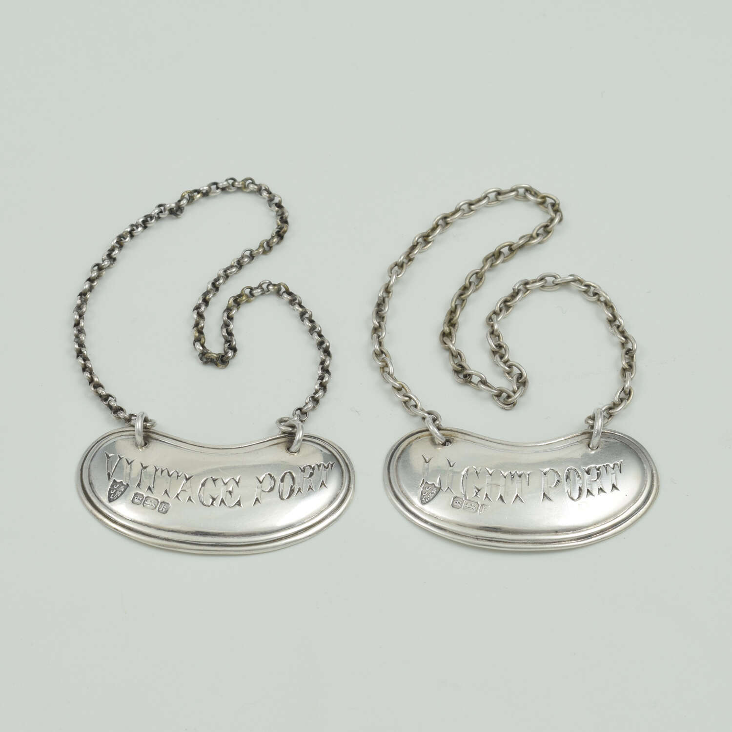 Antique Pair Edwardian Silver Vintage & Light Port Wine Decanter Labels 1902