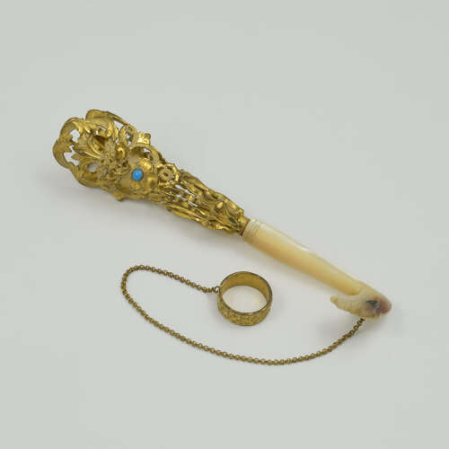 Beautiful French Gilt Ormolu Mother Of Pearl & Turquoise Tussie Mussie Nosegay Posy Holder