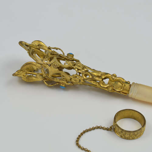 Beautiful French Gilt Ormolu Mother Of Pearl & Turquoise Tussie Mussie Nosegay Posy Holder